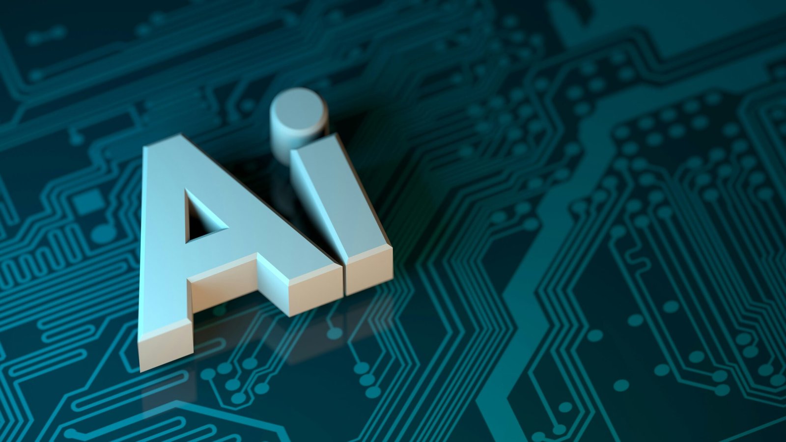 Letras AI en 3D sobre una placa de circuito: inteligencia artificial